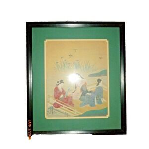 Vintage Japanese Woodblock Print Geisha Women River Nature Scene Framed Art